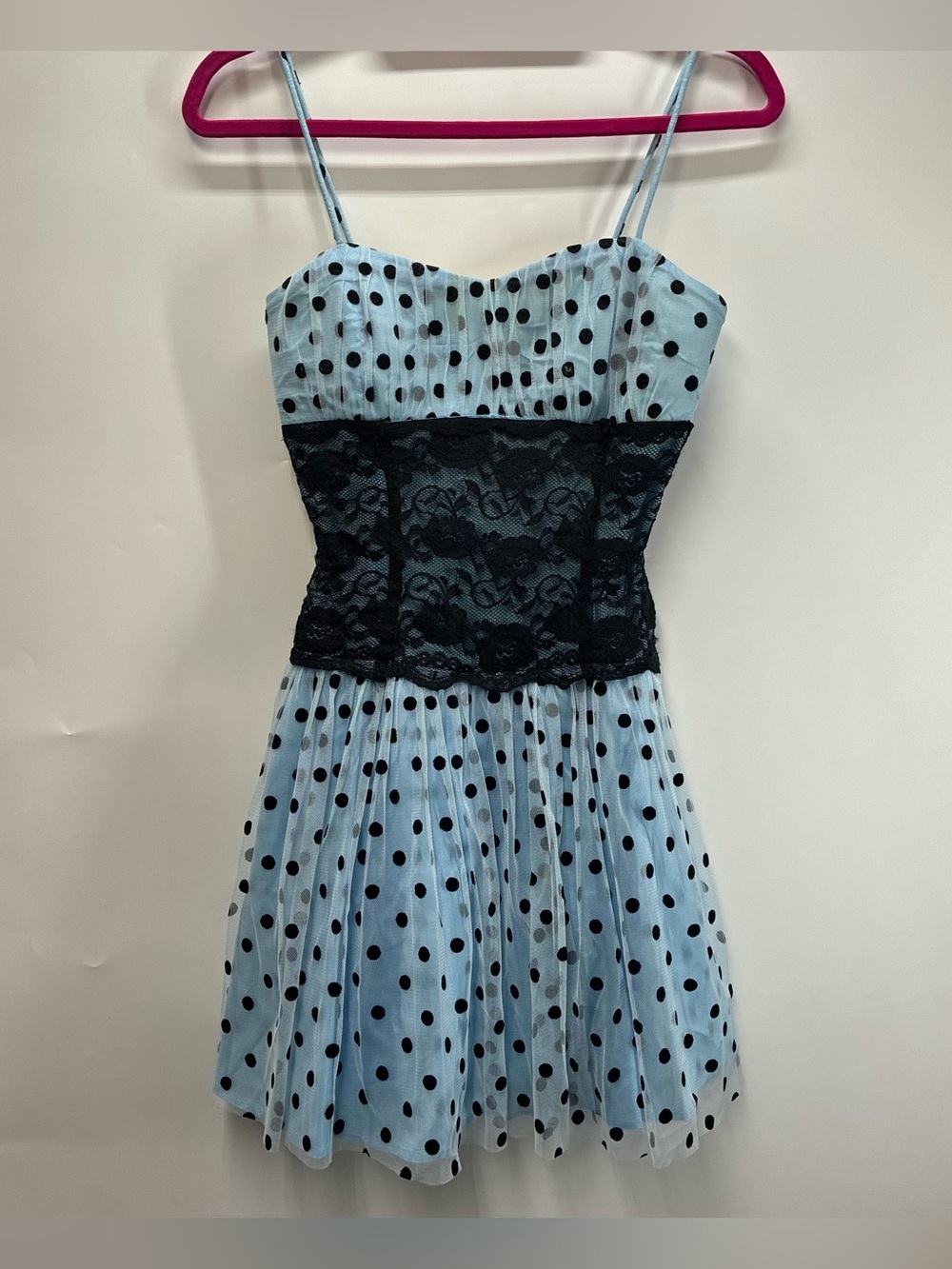 Vintage Y2K Deb Small Blue Polka Dot Tulle Black Lace Blue Mini Dress Spaghetti